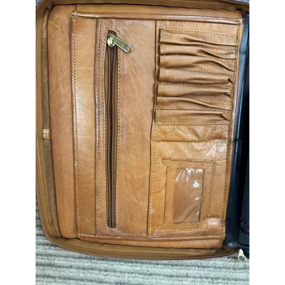 Vintage Tan Leather Zip Around Portfolio Binder Organizer Retractable Handle